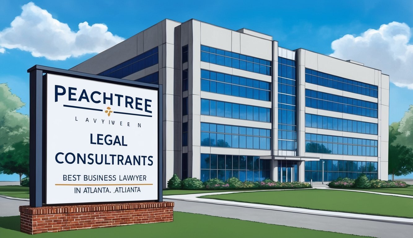 A modern office building with a prominent sign reading "Peachtree Legal Consultants, Best business lawyer in Atlanta."