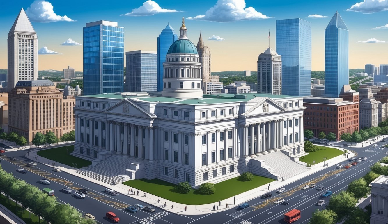 A grand courthouse in Washington DC, surrounded by modern skyscrapers and bustling city streets