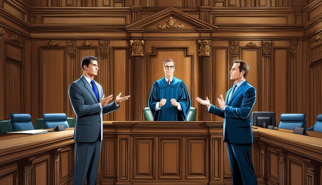 A grand courtroom with ornate wood paneling and a judge's bench at the front.</p><p>Two lawyers stand confidently before the judge, presenting their case with conviction