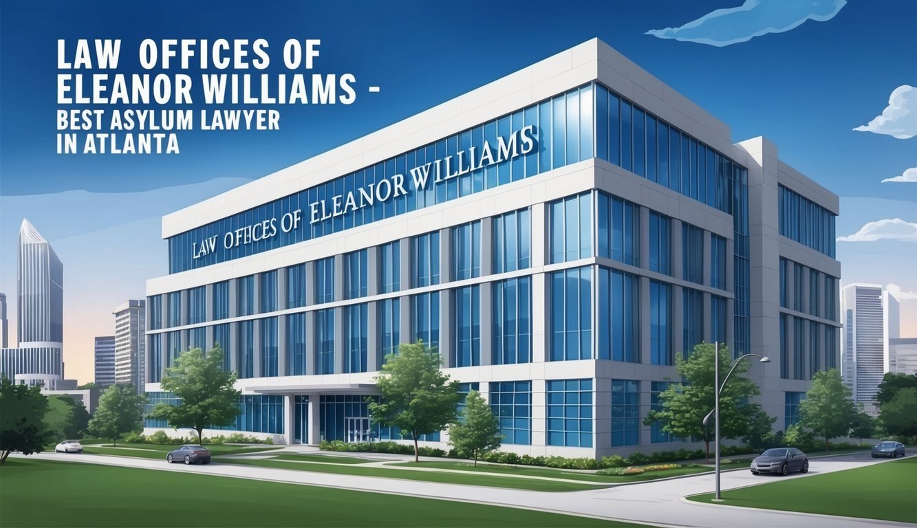 A modern office building with a prominent sign reading "Law Offices of Eleanor Williams - Best asylum lawyer in Atlanta" stands in the heart of the city