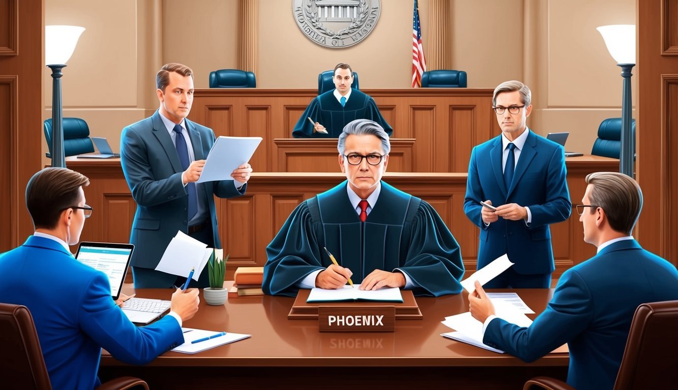 A courtroom scene with a judge presiding over a property dispute case in Phoenix, with lawyers presenting arguments and evidence