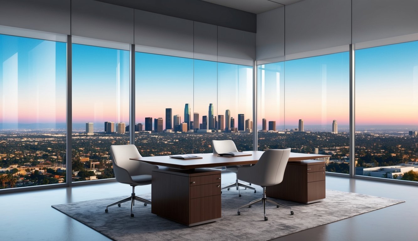 A sleek, modern office with a view of the Los Angeles skyline