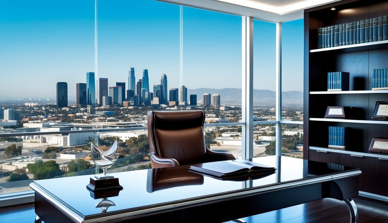 A sleek, modern office with a panoramic view of the Los Angeles skyline.</p><p>A polished desk with a leather chair, surrounded by shelves of law books and awards