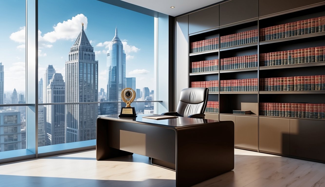 A sleek, modern office with a skyline view, shelves lined with law books, and a prestigious award on the desk