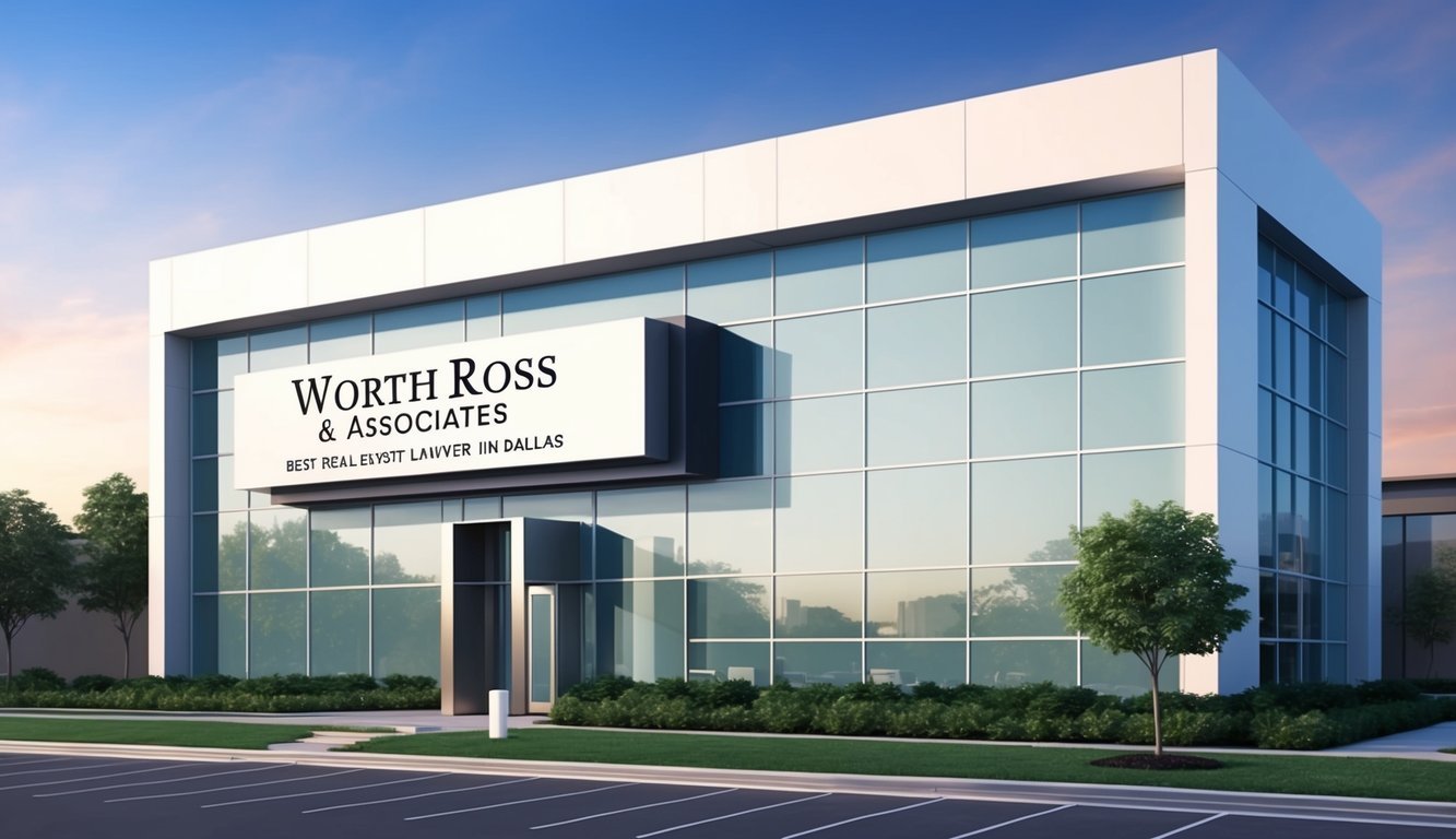 A modern office building with a sleek exterior and a prominent sign reading "Worth Ross & Associates - Best real estate lawyer in Dallas."