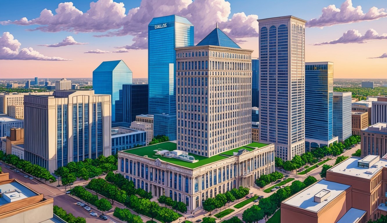 A bustling cityscape with a prominent law office building in Dallas, Texas