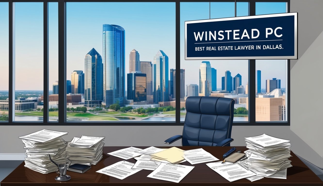 A modern office with a skyline view, a desk cluttered with legal documents, and a sign reading "Winstead PC Best real estate lawyer in Dallas."