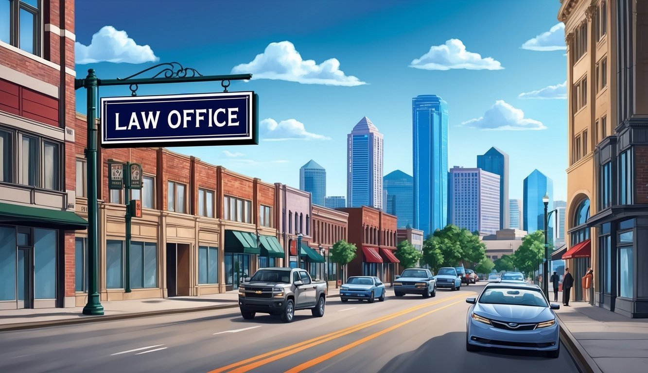 A busy city street with a prominent law office sign and a skyline of Dallas in the background