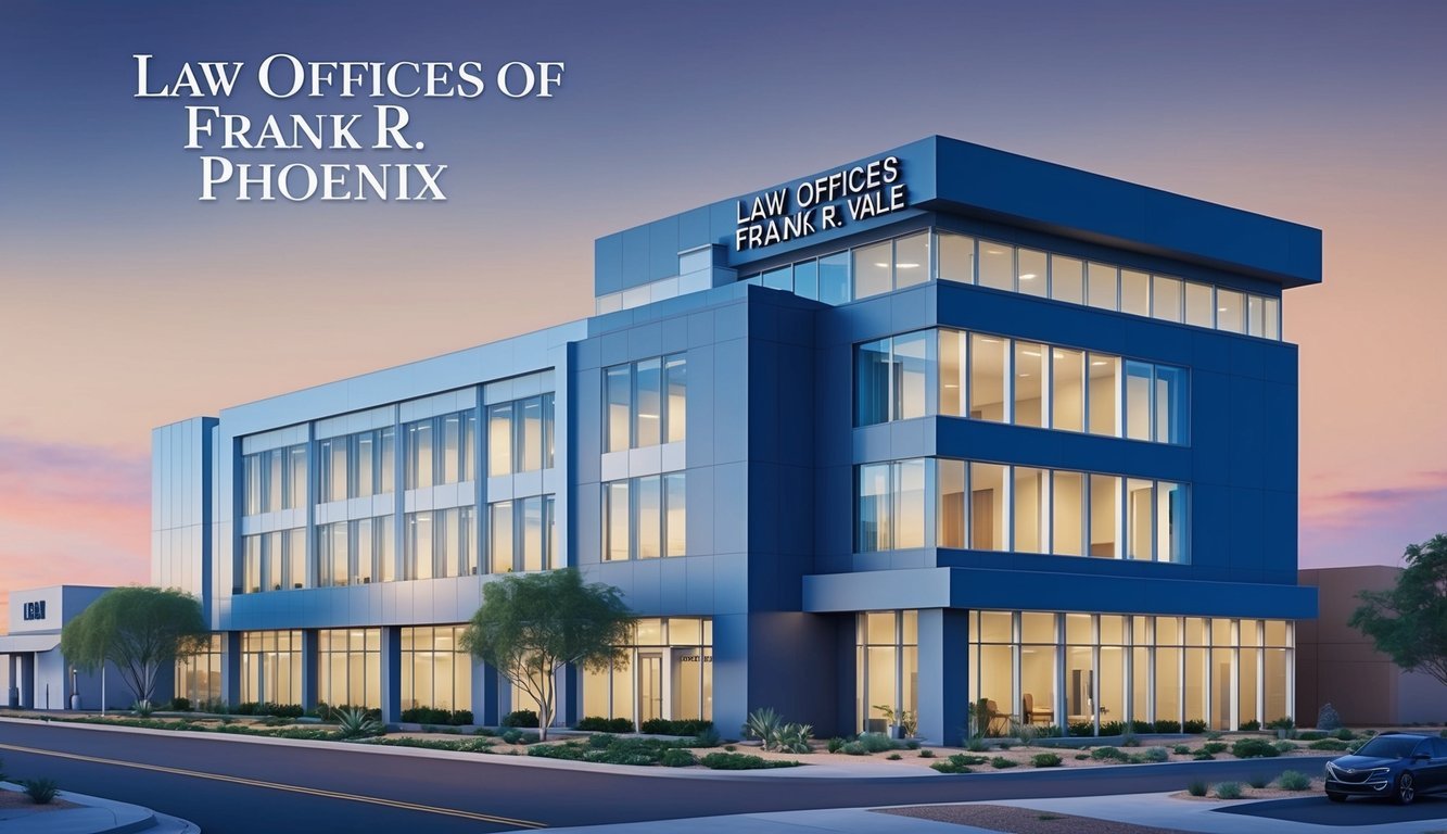 A modern office building in Phoenix with a prominent sign reading "Law Offices of Frank R. Vale" and a professional, polished exterior