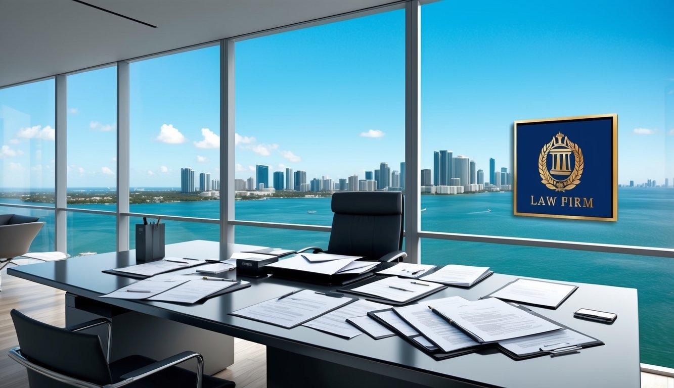 A sleek, modern office with floor-to-ceiling windows overlooking the Miami skyline.</p><p>A desk cluttered with legal documents and a prestigious law firm logo displayed prominently