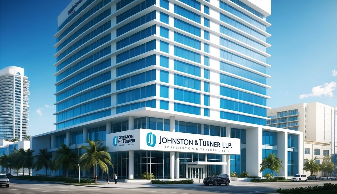 A sleek and modern office building in downtown Miami, with the Johnston & Turner LLP logo prominently displayed on the front entrance