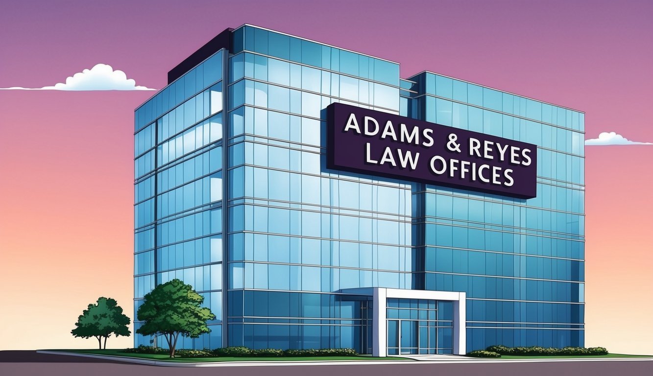 A sleek, modern office building with a prominent sign reading "Adams & Reyes Law Offices" in bold lettering