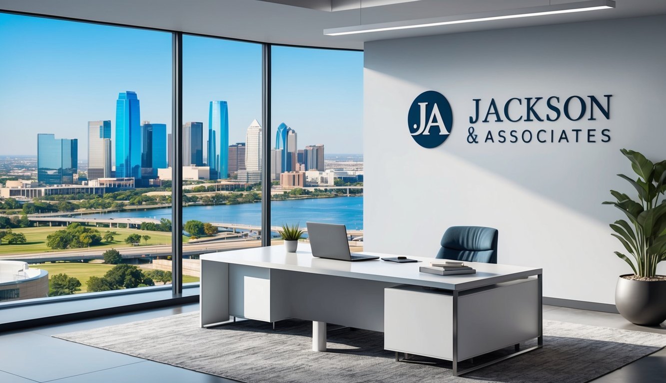 A sleek, modern office with a panoramic view of the Dallas skyline, featuring the logo of Jackson & Associates prominently displayed on the wall