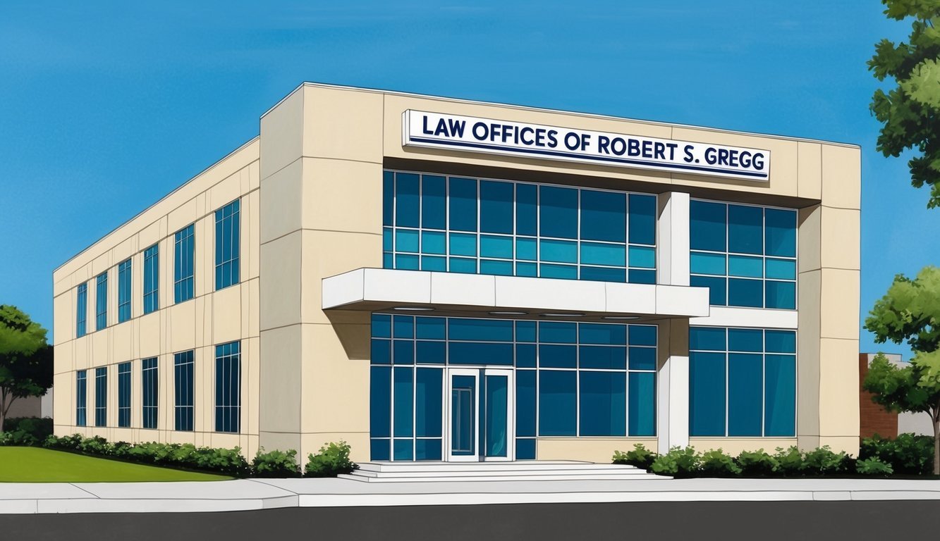 A modern office building with the sign "Law Offices of Robert S. Gregg" in bold letters above the entrance