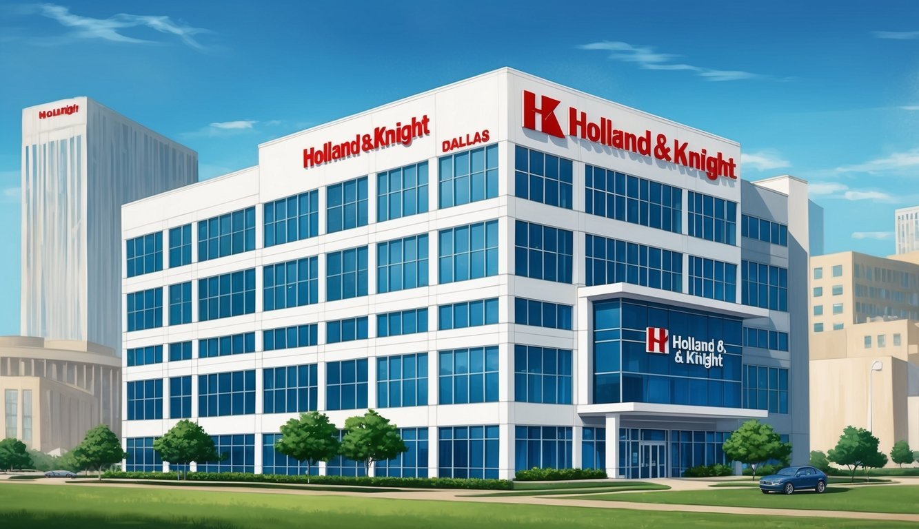 A modern office building with the Holland & Knight logo prominently displayed in Dallas