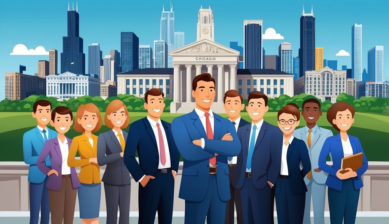 A bustling Chicago skyline with a figure standing confidently in front of a courthouse, surrounded by a group of satisfied clients