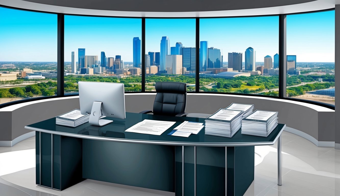 A sleek, modern office with a panoramic view of the Dallas skyline, featuring a large desk with a computer and legal documents neatly organized