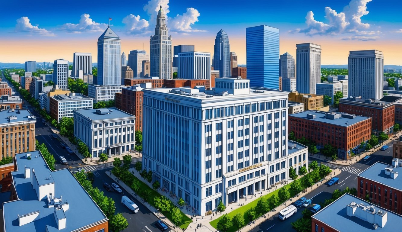 A city skyline with a prominent law office building in the foreground, surrounded by bustling streets and professional buildings