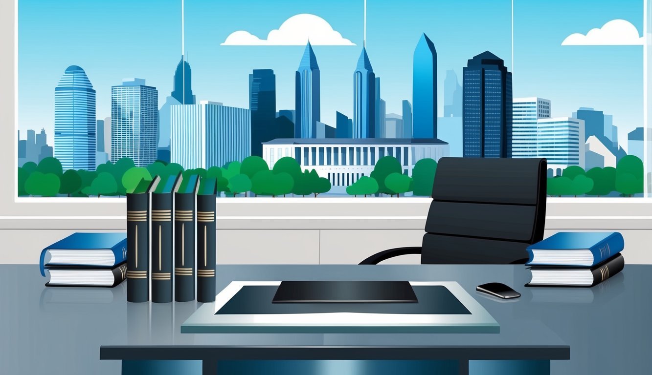 A modern office with a skyline view of Philadelphia, filled with law books and a sleek desk, symbolizing professionalism and expertise