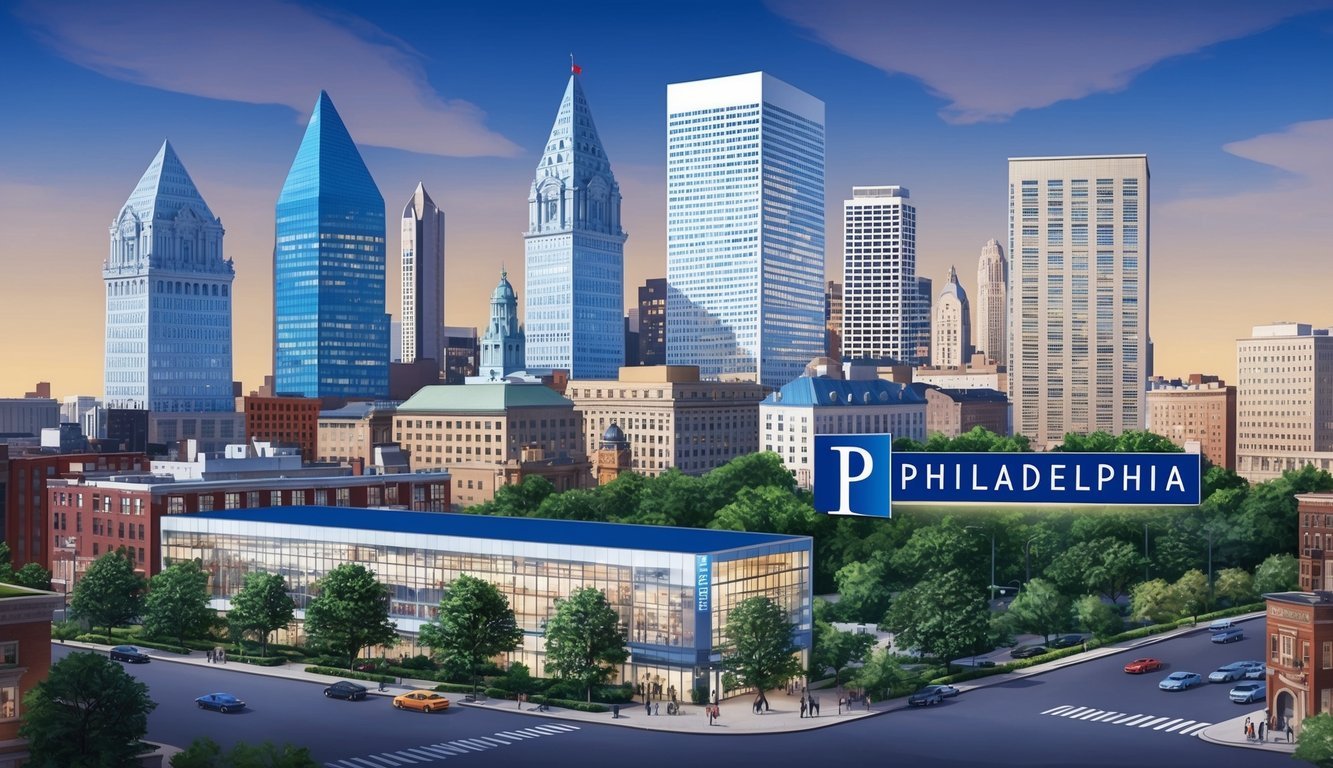 A modern cityscape with prominent law office signage in the heart of Philadelphia