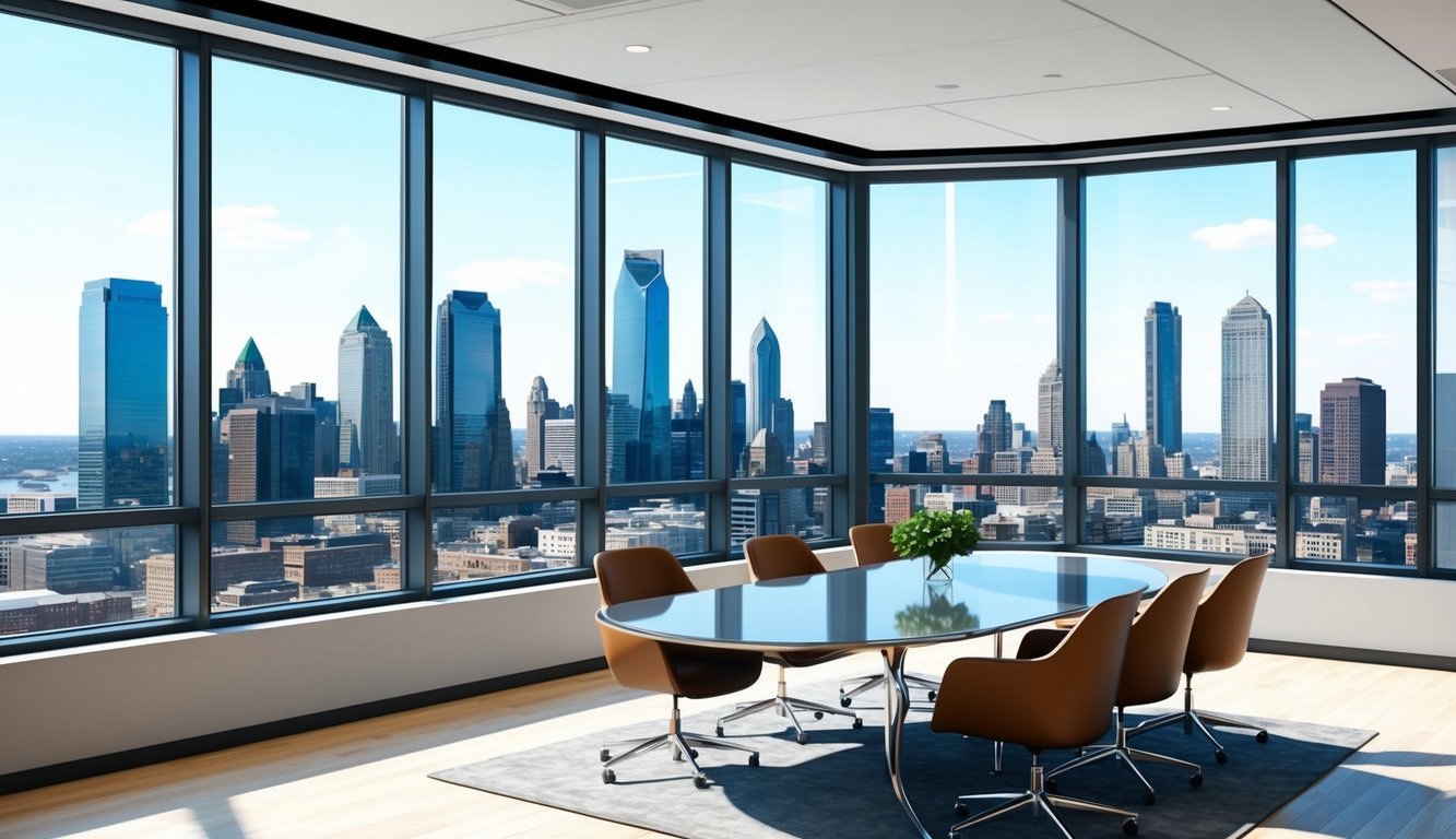 A sleek, modern office space with large windows overlooking the Philadelphia skyline.</p><p>A polished conference table and comfortable seating area suggest professionalism and expertise