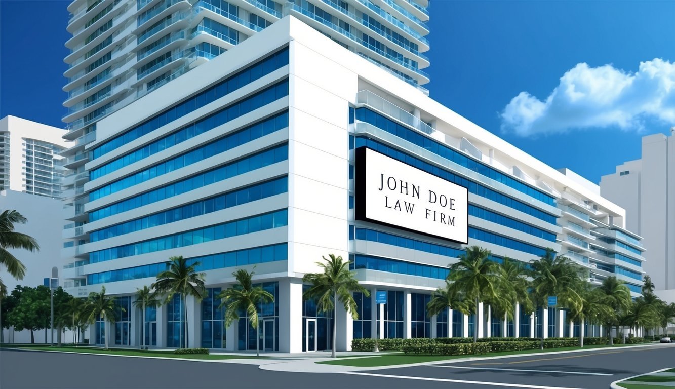 A modern office building in downtown Miami with a prominent sign for "John Doe Law Firm" displayed prominently