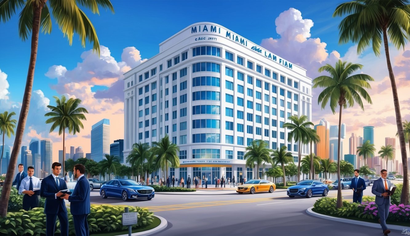 A bustling Miami cityscape with a prominent law firm building, surrounded by palm trees and busy professionals