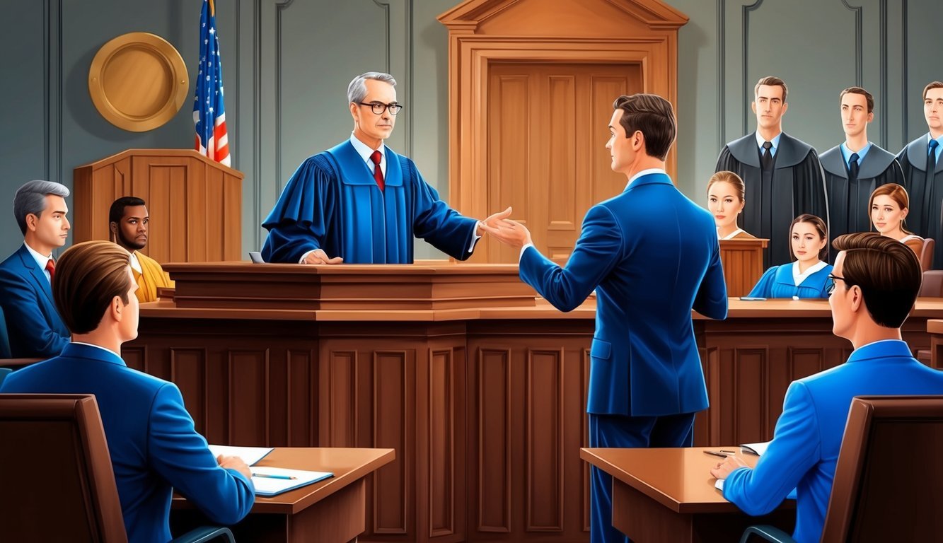 A courtroom scene with a lawyer presenting a case to a judge and jury