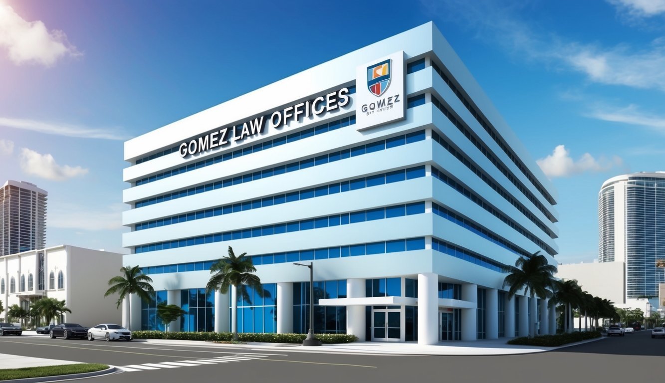 A sleek, modern office building in downtown Miami, with the Gomez Law Offices logo prominently displayed on the entrance