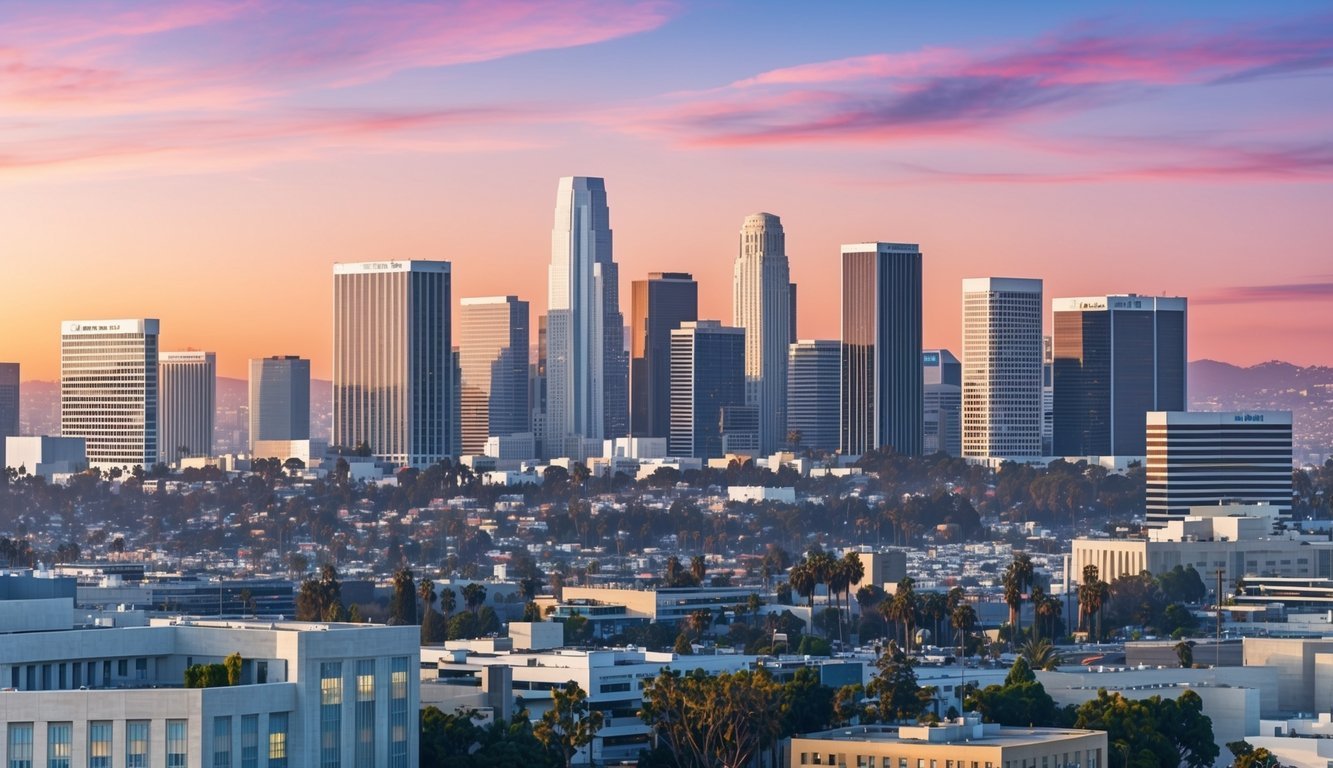 A bustling Los Angeles skyline with a prominent law office building