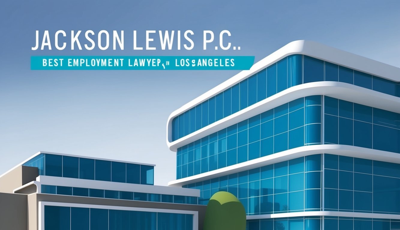 A modern office building with sleek architecture and a prominent sign reading "Jackson Lewis P.C. Best employment lawyer in Los Angeles."