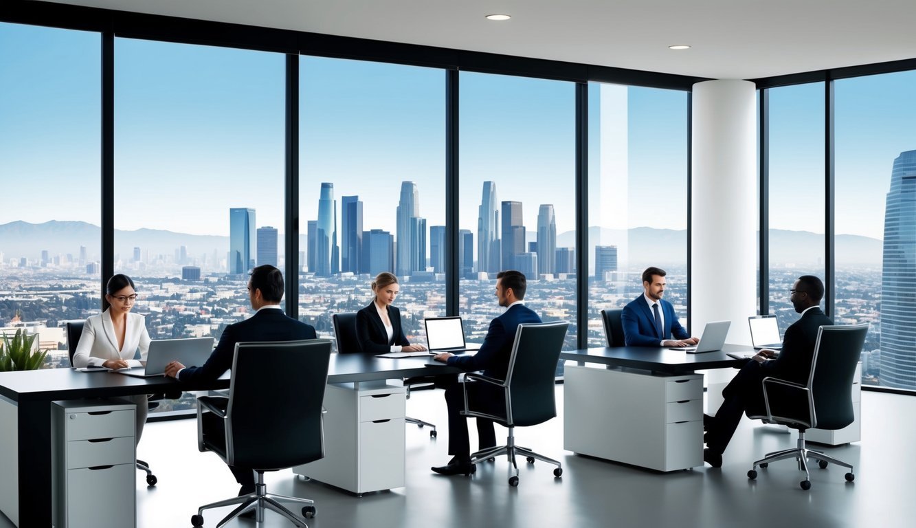 A sleek office with modern furnishings and large windows overlooking the Los Angeles skyline.</p><p>A team of professional lawyers working diligently at their desks