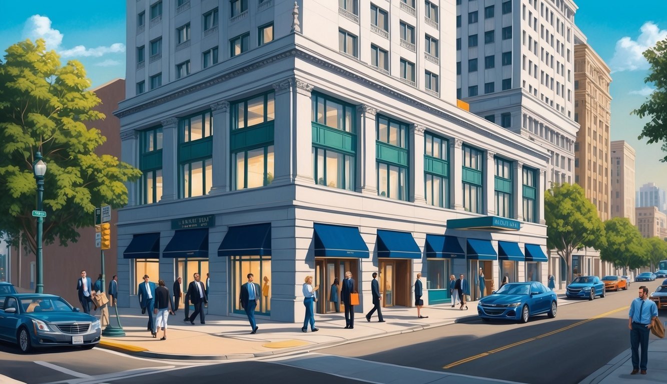 A bustling downtown Los Angeles street with a prominent law office building and people entering and exiting