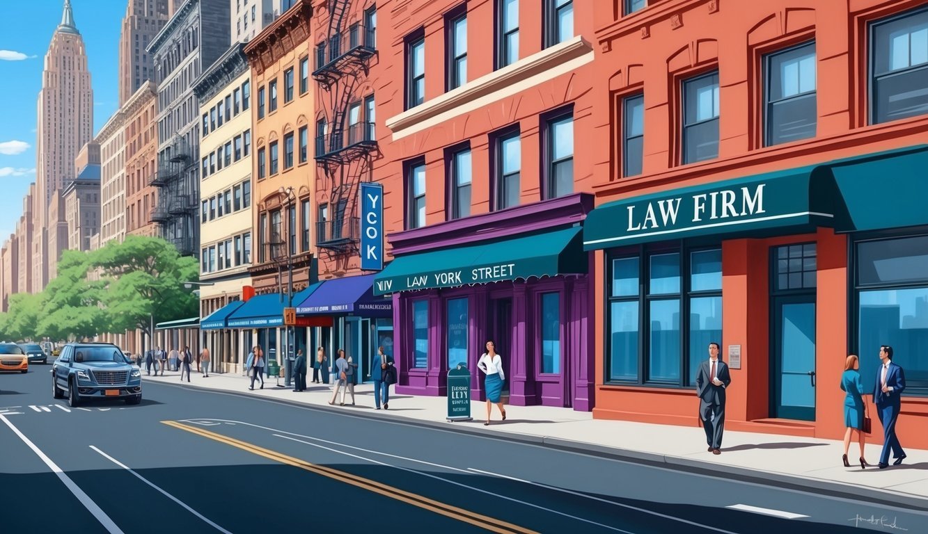 A bustling New York City street with a prominent law firm sign