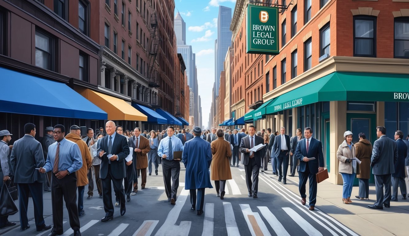 A bustling New York City street with a prominent sign for "Brown Legal Group" and a crowd of people seeking workers comp assistance