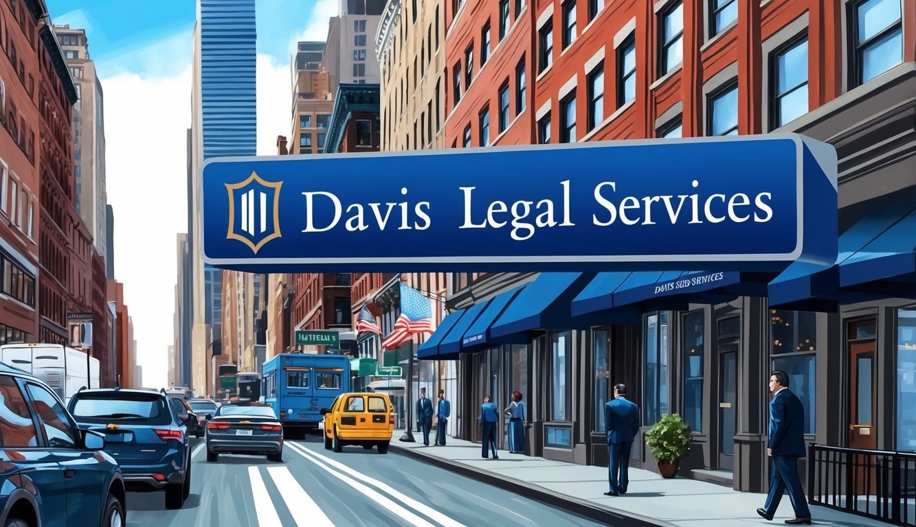 A bustling New York City street with a prominent sign for Davis Legal Services, showcasing a professional and authoritative presence