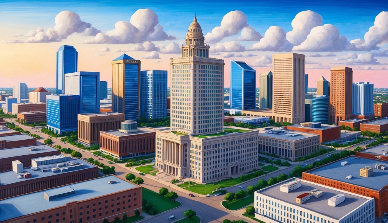 A bustling Dallas cityscape with a prominent law office building and workers in various industries