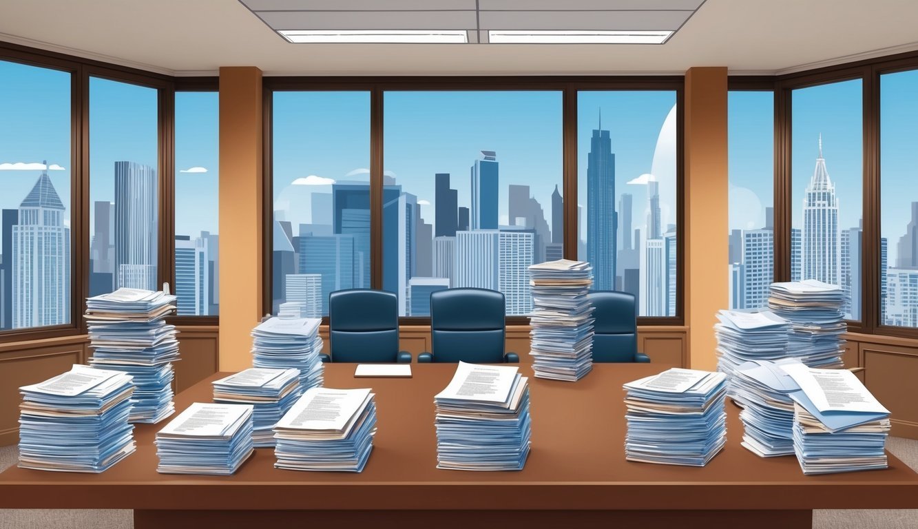 A busy law office with stacks of paperwork, a conference table, and a city skyline visible through large windows