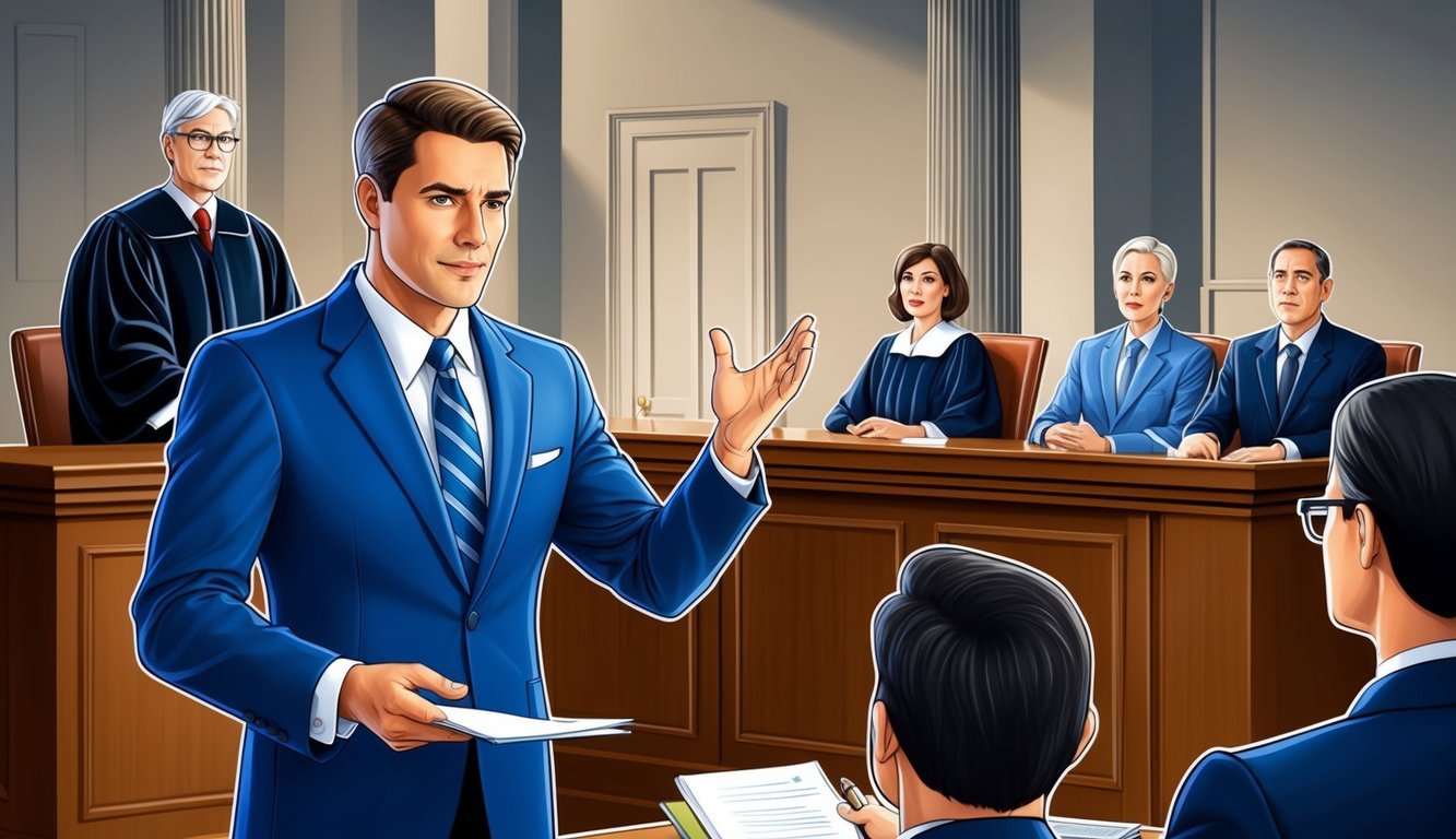 A courtroom scene with a lawyer presenting a compelling case to a judge and jury.</p><p>The lawyer exudes confidence and expertise as they advocate for their client