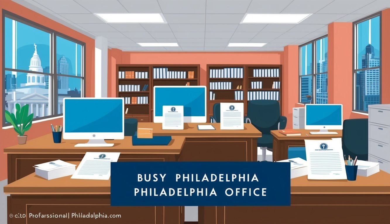 A busy Philadelphia office with a professional atmosphere, featuring desks, computers, and legal documents