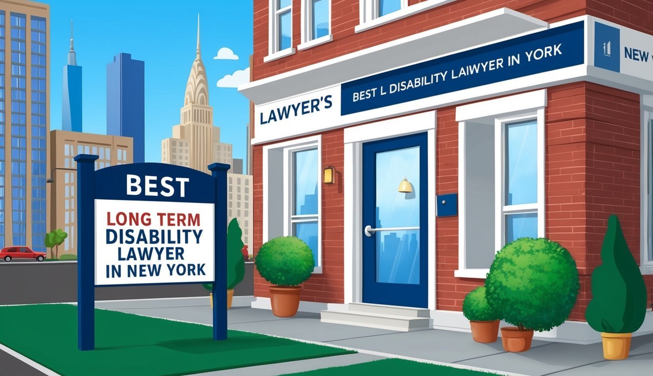 A lawyer's office in New York City, with a sign reading "Best long term disability lawyer in New York" prominently displayed