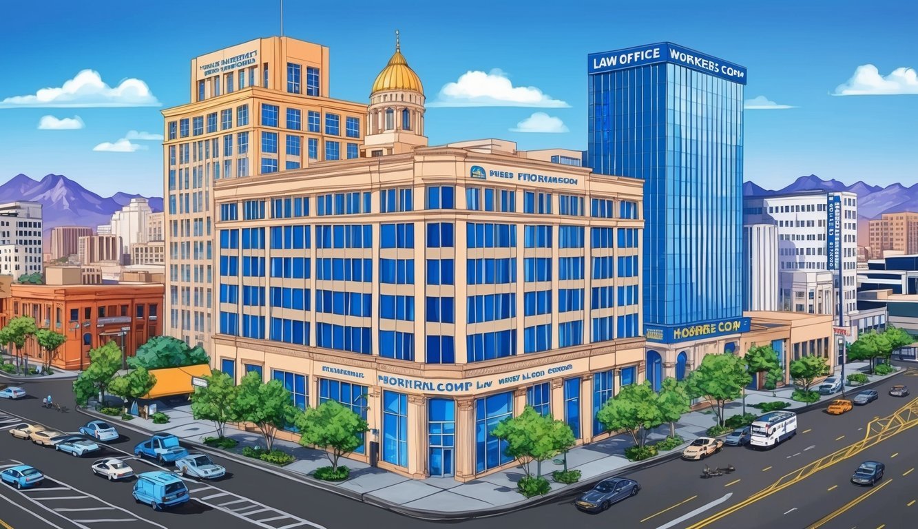 A bustling cityscape with a prominent law office building in downtown Phoenix.</p><p>Bright signage and professional atmosphere convey expertise in workers comp law