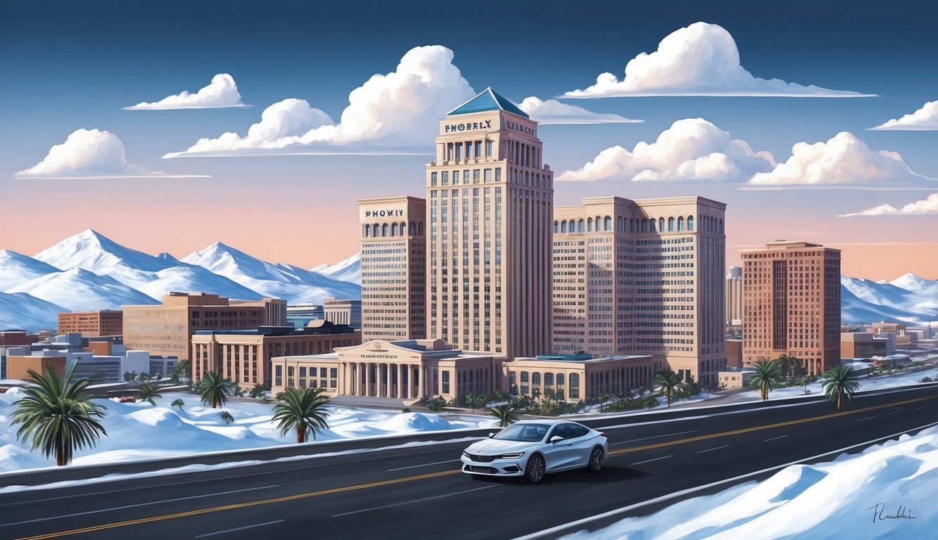 A Phoenix skyline with a prominent law office building, surrounded by snowy mountains and a car driving through the city