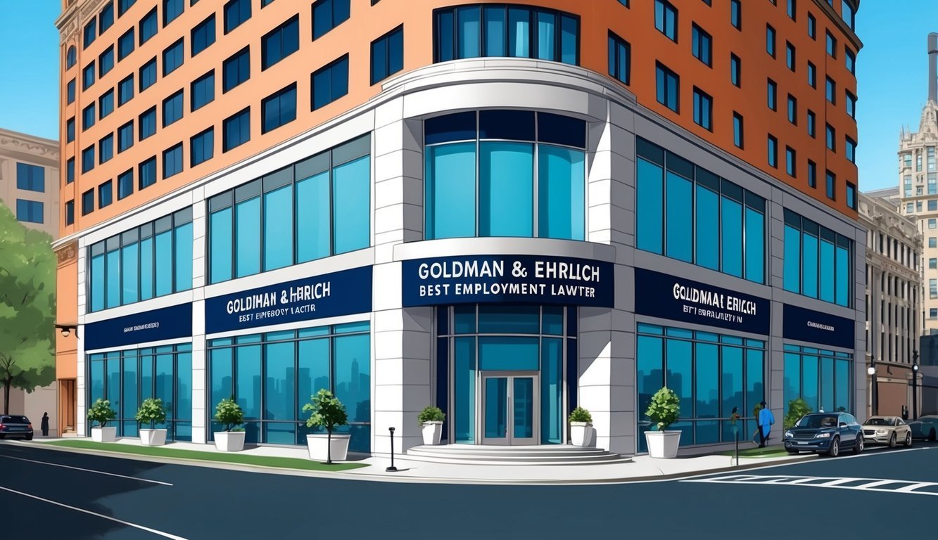 A modern office building in downtown Chicago with the name "Goldman & Ehrlich Best employment lawyer" prominently displayed on the entrance