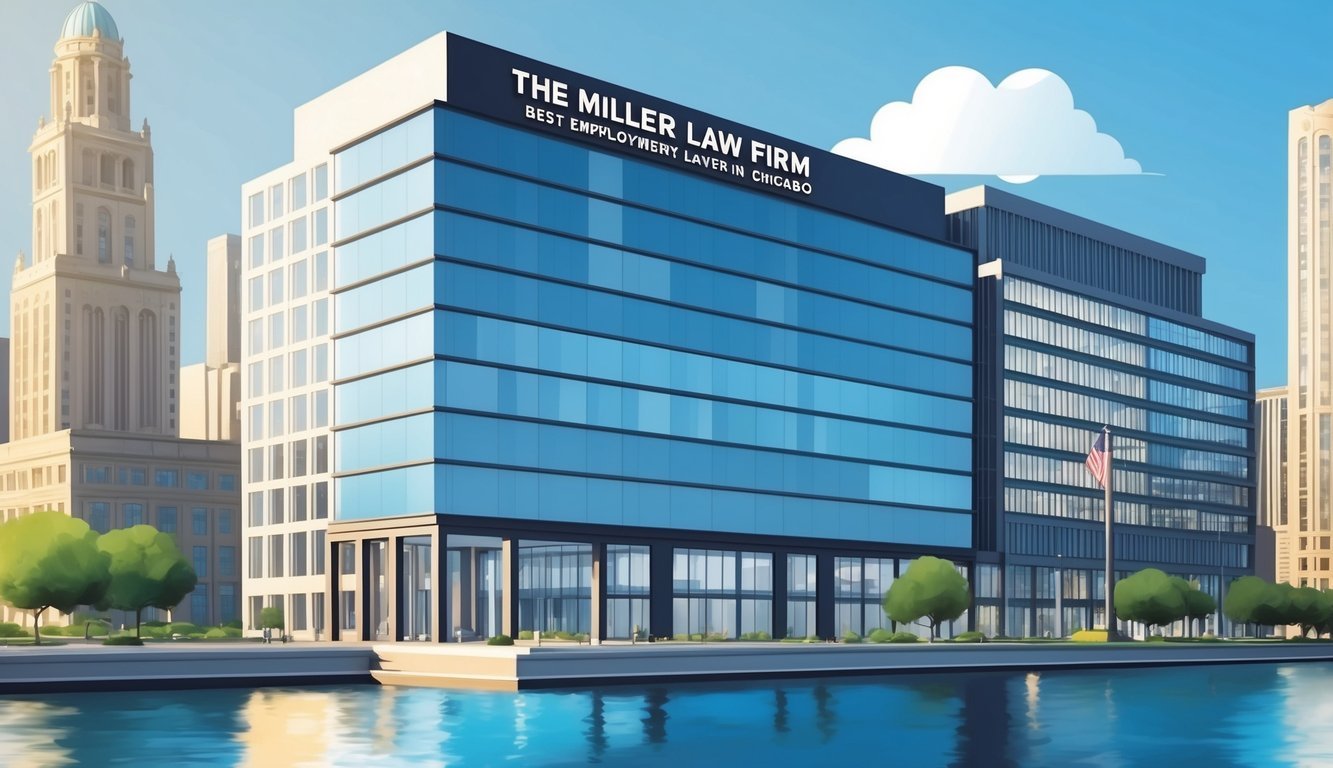 A modern office building in downtown Chicago with a prominent sign reading "The Miller Law Firm - Best employment lawyer in Chicago."