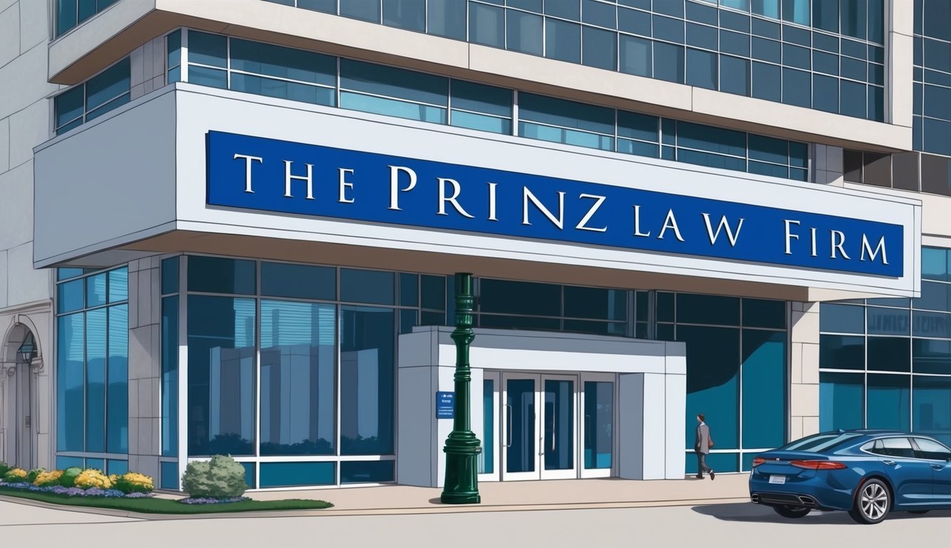 A sleek office building in downtown Chicago, with the name "The Prinz Law Firm" displayed prominently on a large sign above the entrance