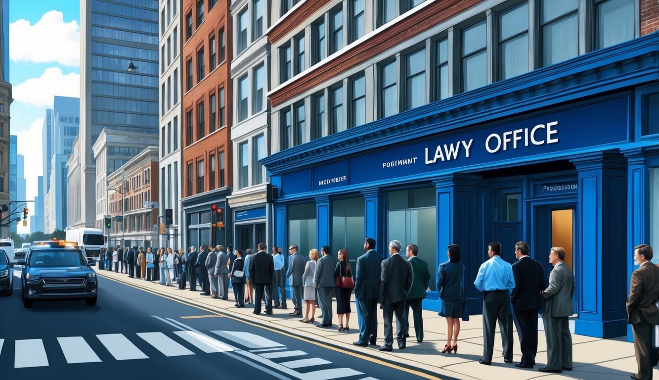 A busy city street with a prominent law office sign and a line of people outside the building