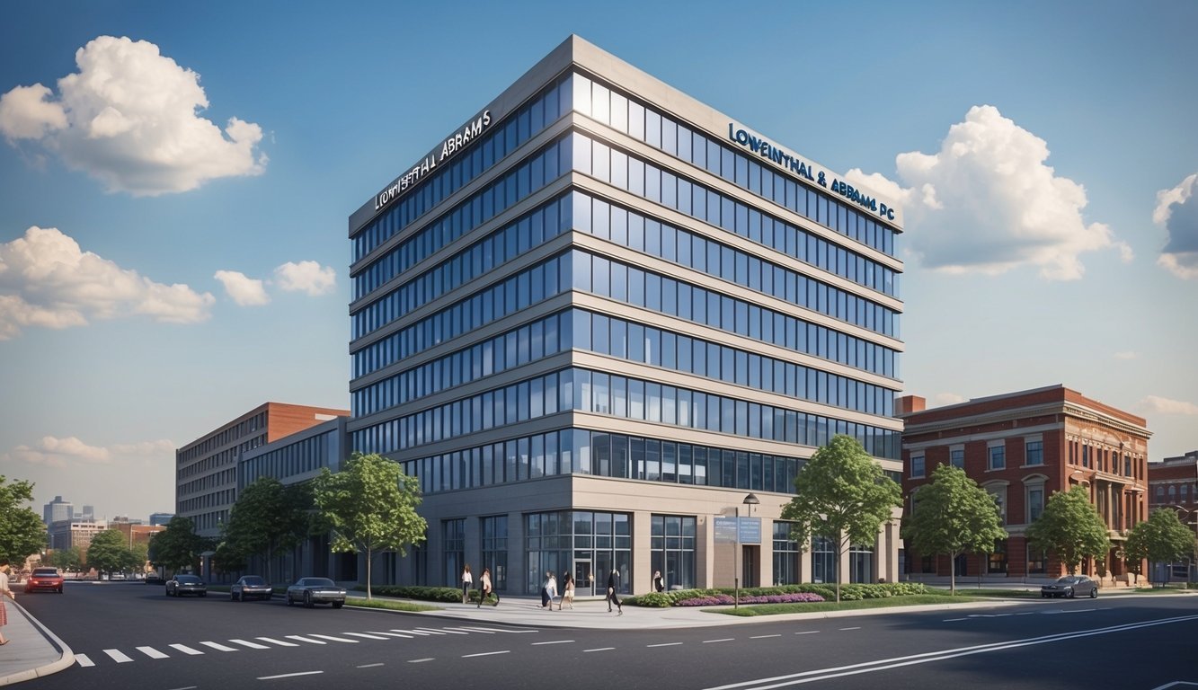 A modern office building in Philadelphia with a prominent sign for Lowenthal & Abrams PC