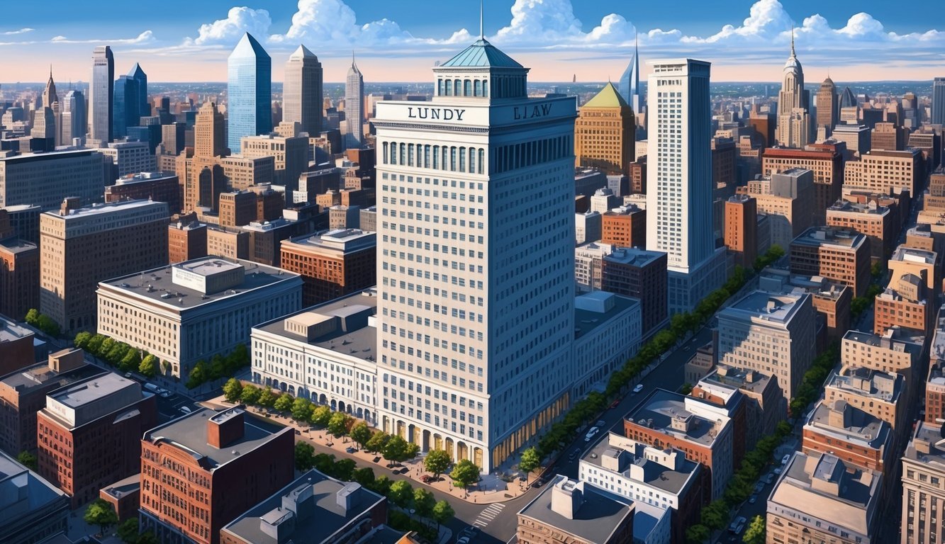 A bustling Philadelphia cityscape with a prominent Lundy Law office building