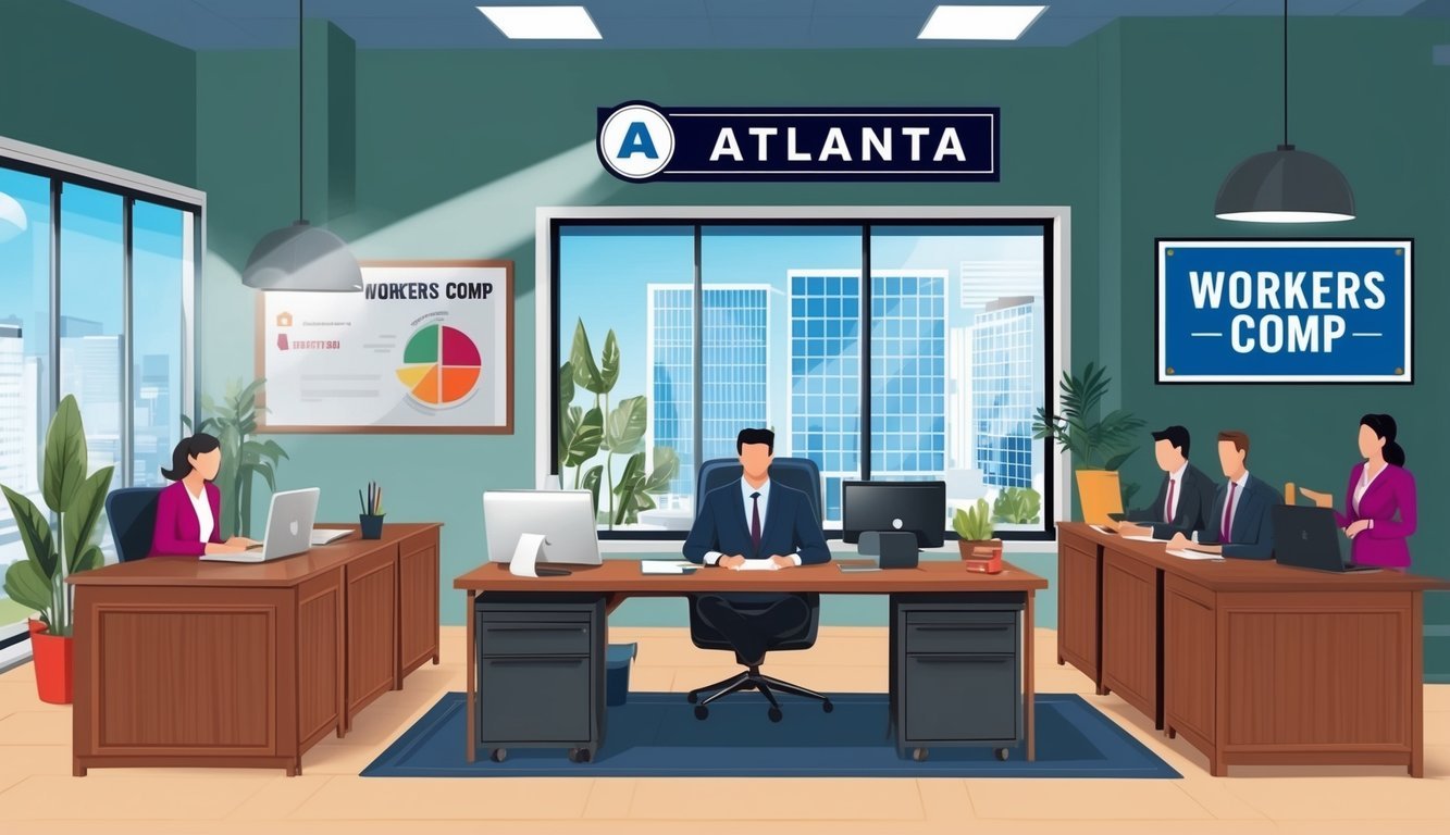 A busy Atlanta office with a professional atmosphere, workers comp law firm signage visible